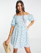 Naanaa Cold Shoulder Mini Dress In Blue Floral