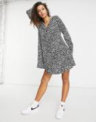Missguided Button Through Smock Dress With Long Sleeves In Black Dalmatian