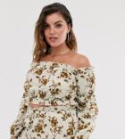 In The Style X Dani Dyer Plus Long Sleeve Crop Top In Cream Floral Print-multi