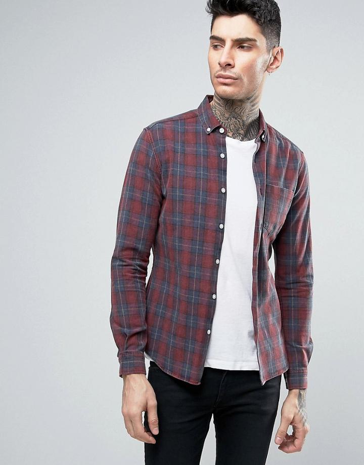 Asos Skinny Plaid Check Shirt With Acid Wash - Red