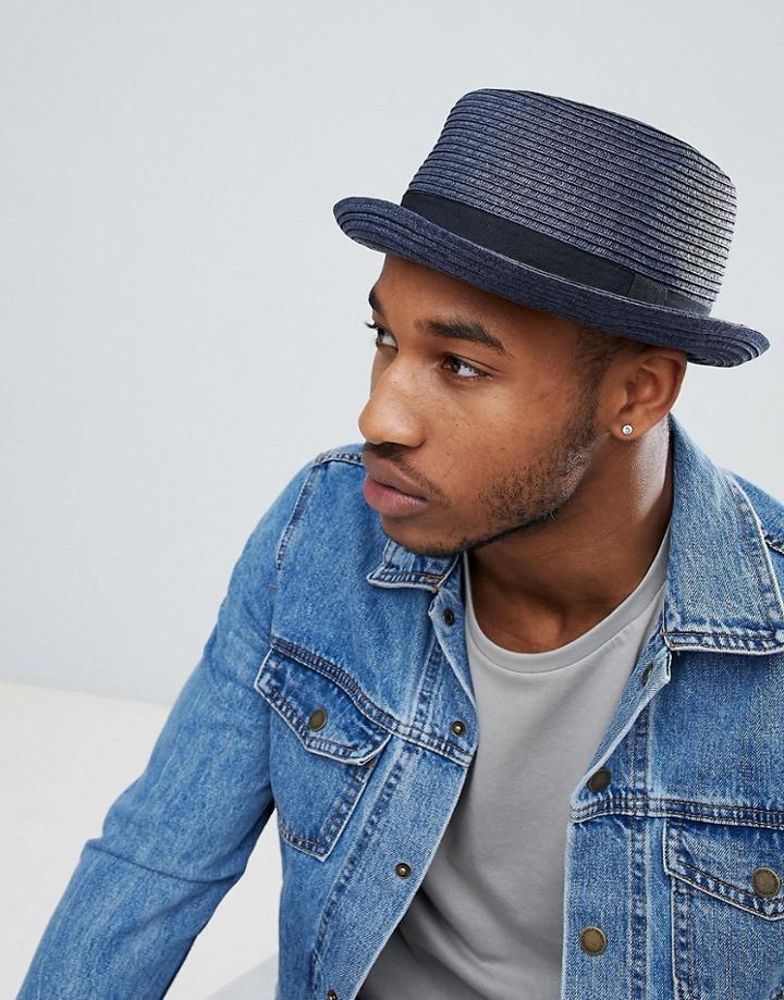 Asos Design Straw Pork Pie Hat In Navy - Navy