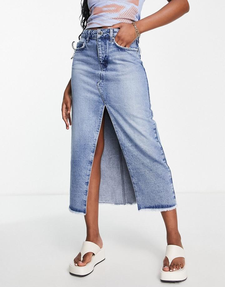 Miss Selfridge Denim Midi Skirt In Mid Wash-blue