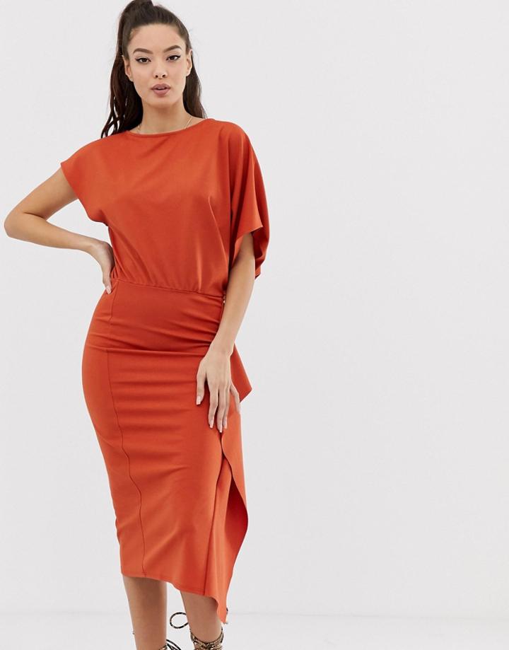 Asos Design Cape Side Midi Pencil Dress - Orange