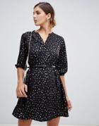 Yumi Belted Dress With 3/4 Sleeves In Foil Splodge Print - Black