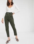 Fae Khaki Belted Paperbag Mom Jeans With Silver Metal D-ring-green