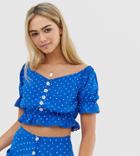 Miss Selfridge Bardot Top With Buttons In Polka Dot-blue