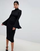 Asos Design Midi Bodycon Dress With Flared Sleeves - Black
