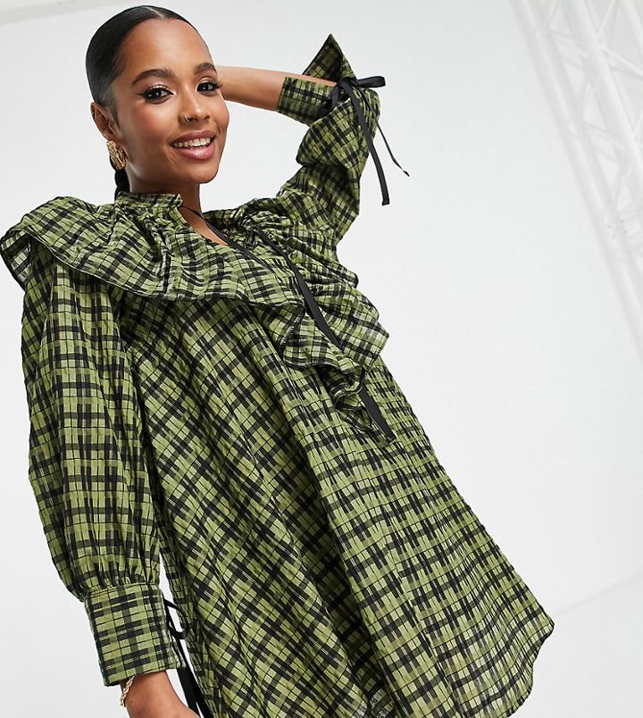 Topshop Petite Ruffle Check Chuck On Mini Dress In Khaki-green