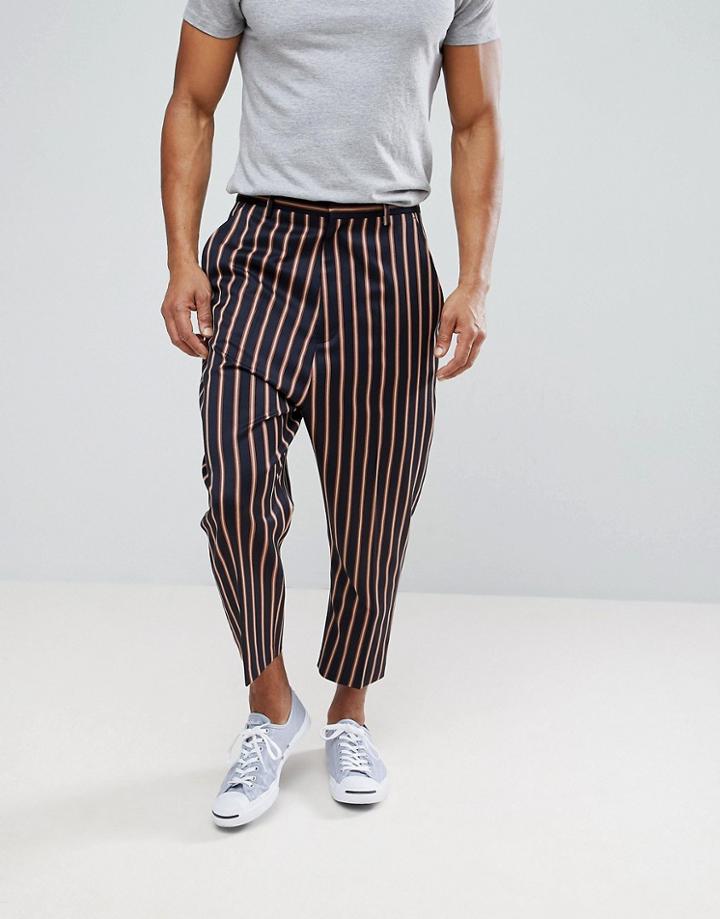 Asos Drop Crotch Tapered Smart Pants In Navy With Bold Stripe - Navy