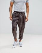 Asos Drop Crotch Tapered Smart Pants In Navy With Bold Stripe - Navy