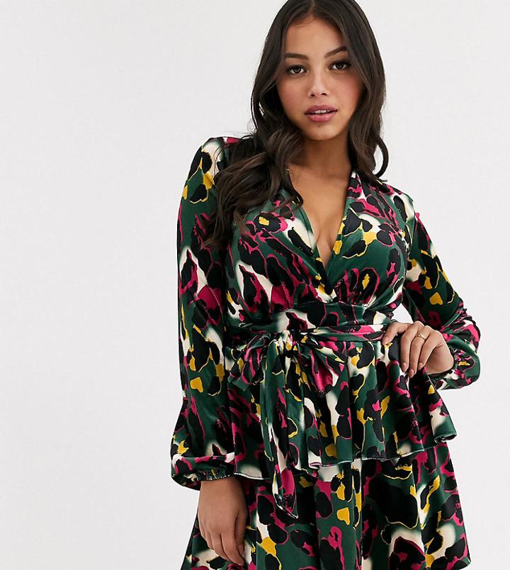 John Zack Petite Velvet Plunge Front Skater Dress In Contrast Animal Print