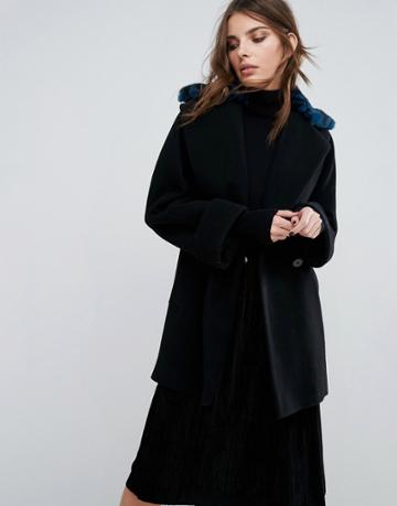 Helene Berman Yummy Coat With Faux Fur Leopard Collar - Blue