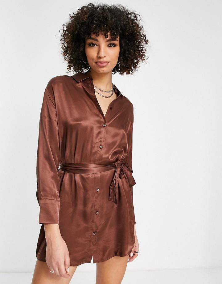 Bershka Tie Up Satin Shirt Dress In Chocolate-brown
