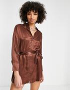 Bershka Tie Up Satin Shirt Dress In Chocolate-brown