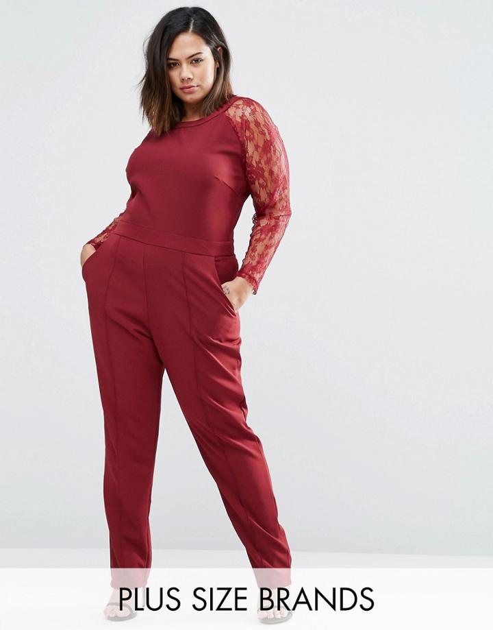 Praslin Plus Jumpsuit With Lace Sleeves - Red