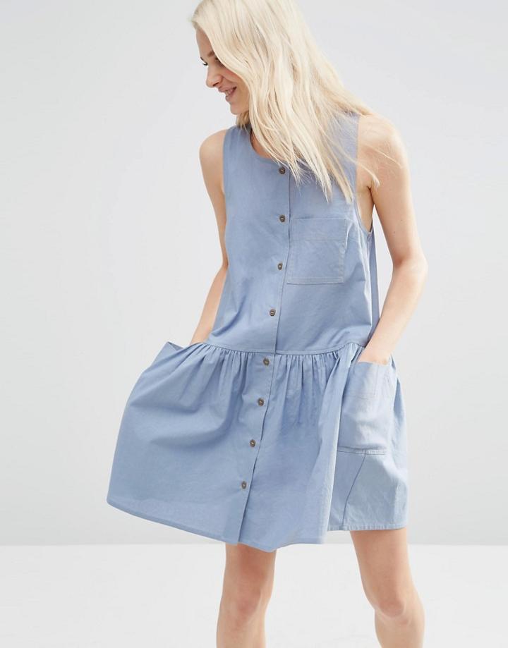 Asos Sleeveless Button Through Smock Dress - Blue