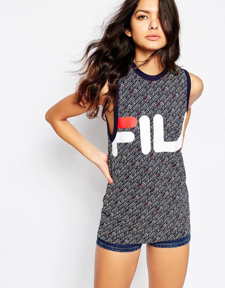 Fila Muscle Tank Tank With Oversized Logo & All Over Print - Navy