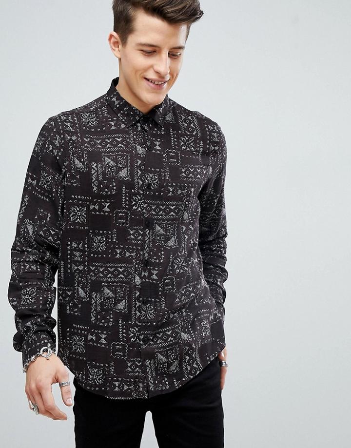 Asos Regular Fit Viscose Shirt In Geo-tribal Print In Brown - Brown