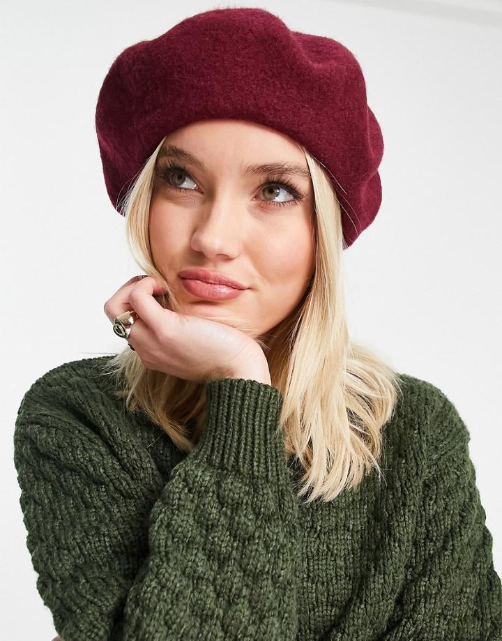 Monki Responsible Wool Beret In Burgundy-red