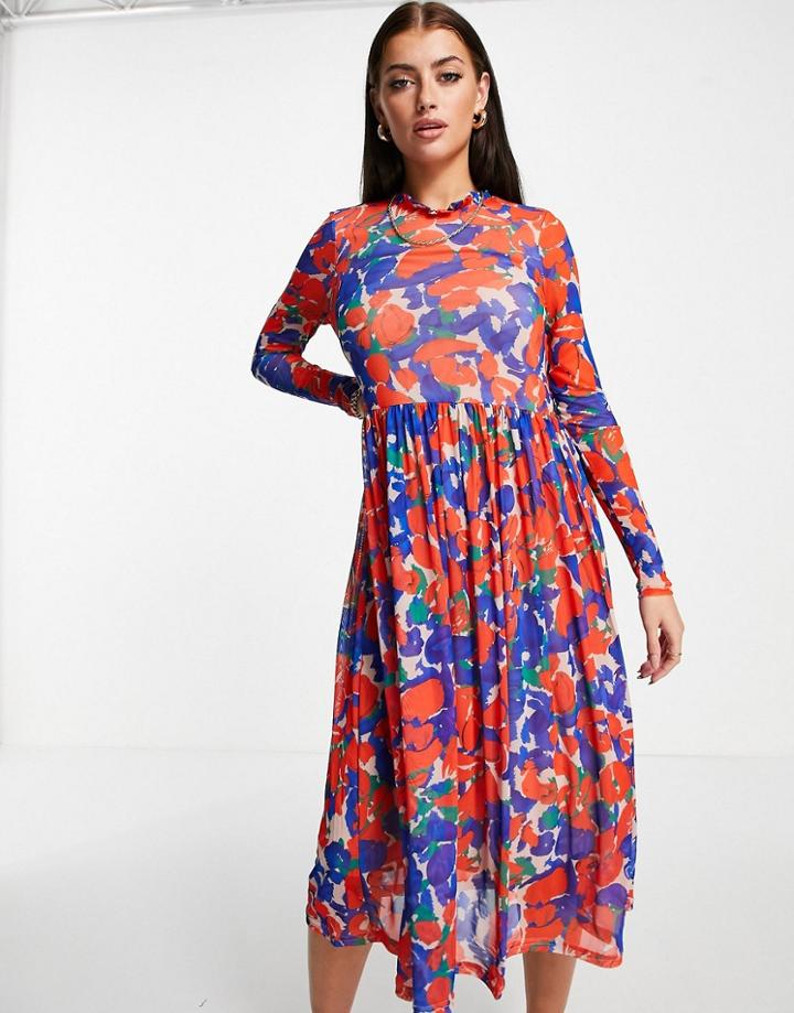 Y.a.s Floral Mesh Midi Dress In Multi