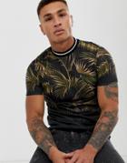 Asos Design T-shirt With Floral Print And Tipped Neck Rib - Black