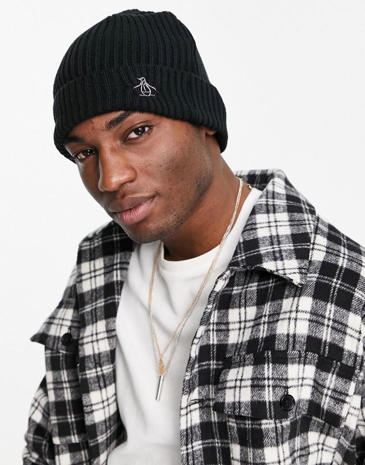 Penguin Ribbed Beanie Hat In Black