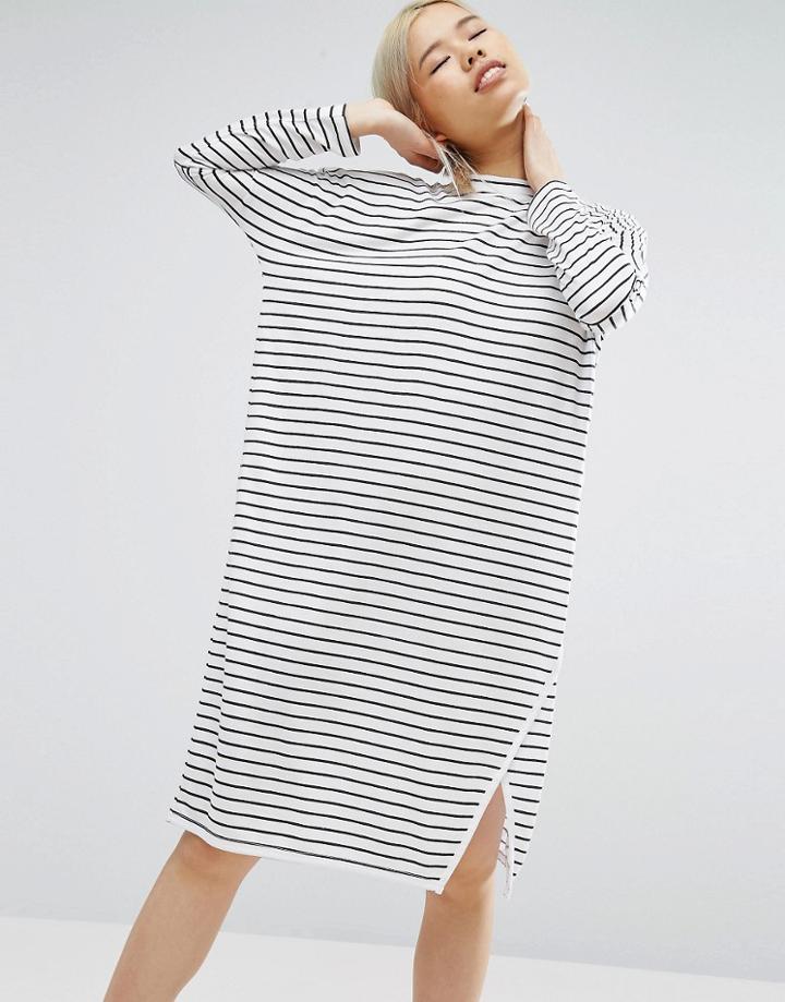 Daisy Street Relaxed T-shirt Dress With Wrap Front In Breton Stripe - White