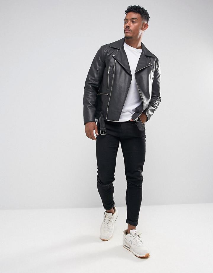 Asos Design Leather Biker Jacket With Belt In Black - Black