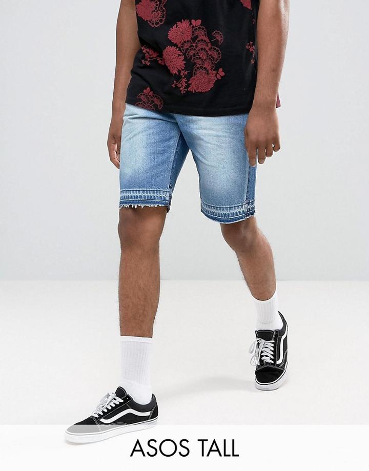 Asos Tall Slim Denim Shorts In Mid Wash Blue With Cut And Sew Detail - Blue