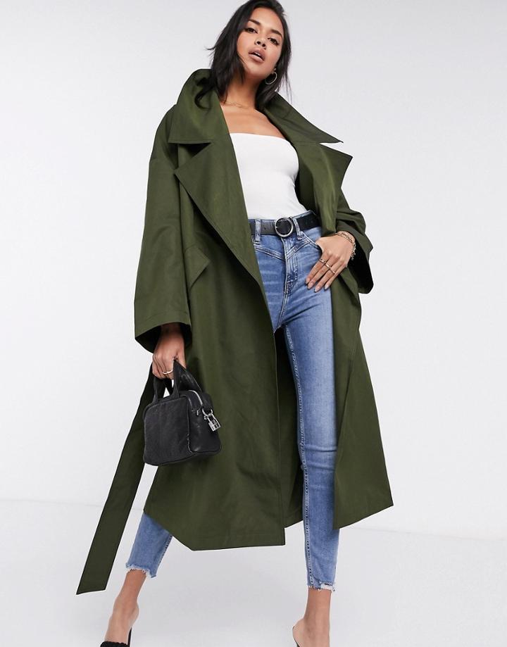 Asos Design Slouchy Oversized Lightweight Trench Coat In Khaki-green