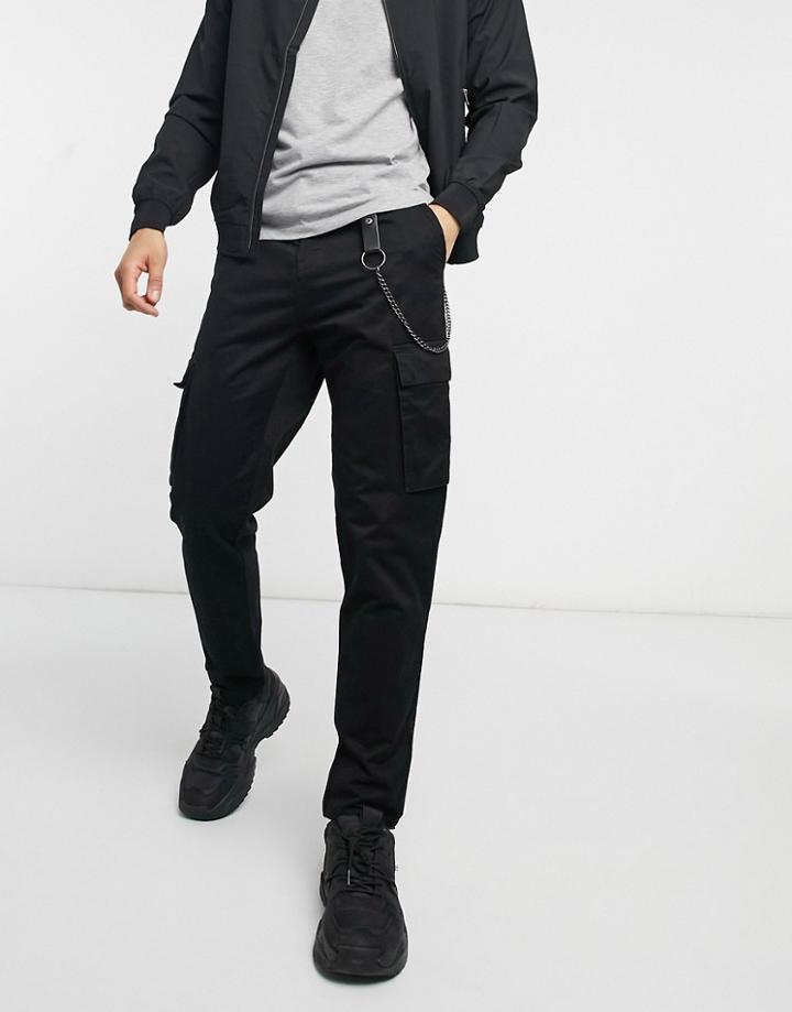 Pull & Bear Cargo Chinos In Black With Chain