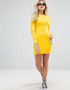 Asos Mini Body-conscious Dress In Rib With Long Sleeves - Yellow