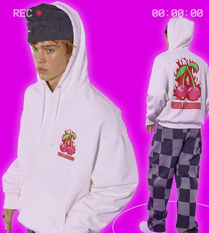 Collusion Unisex Oversized Hoodie With Cherry Flames Print In White