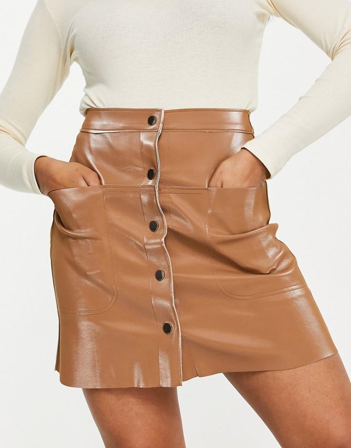 Topshop Button Through Vinyl Skirt In Camel-neutral