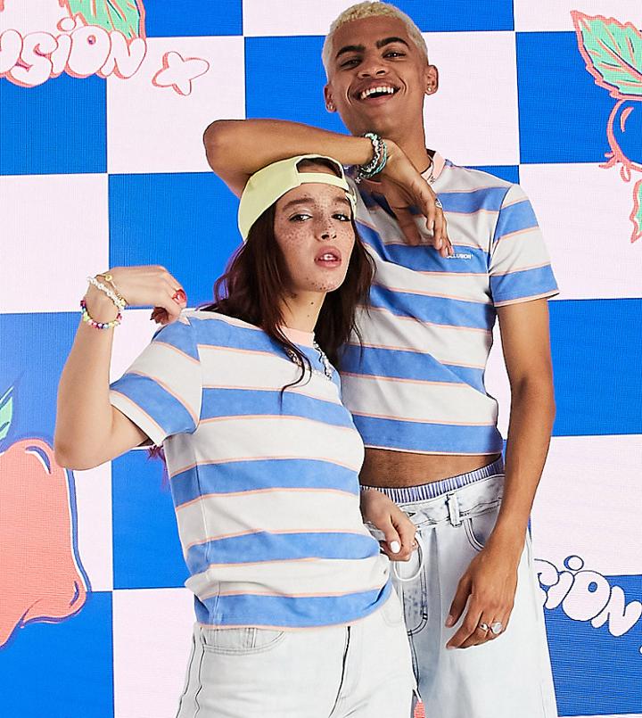 Collusion Unisex Vintage Cropped Fit Striped T-shirt-blues