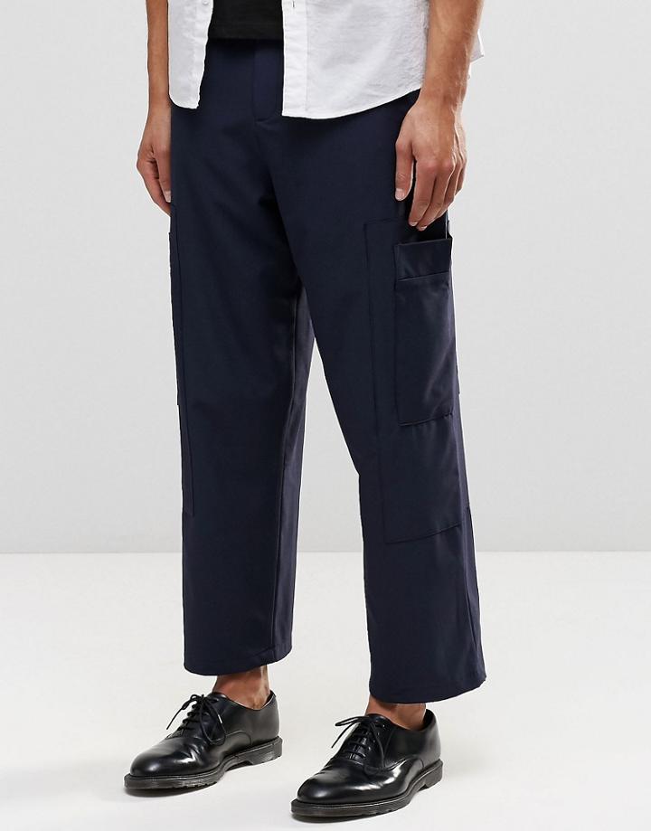 Asos Wide Leg Smart Cropped Trousers With Cargo Pockets In Navy - Navy