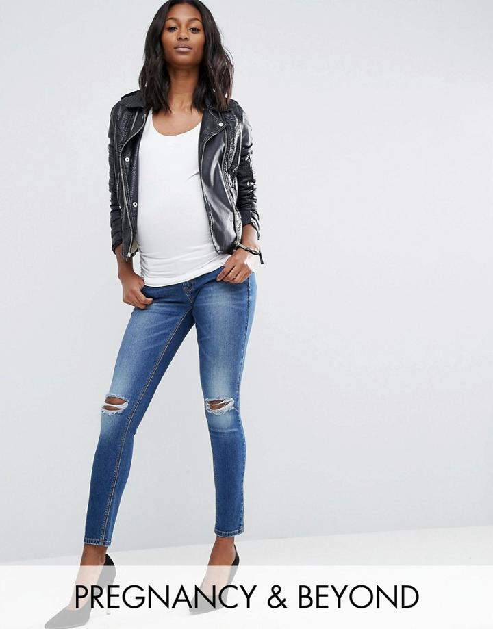Bandia Maternity Over The Bump Busted Knee Skinny Jean With Removable Bump Band - Blue