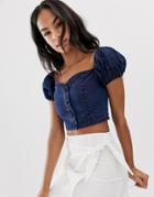 Asos Design Denim Crop Top With Puff Sleeve In Texture-blue