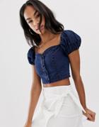 Asos Design Denim Crop Top With Puff Sleeve In Texture-blue