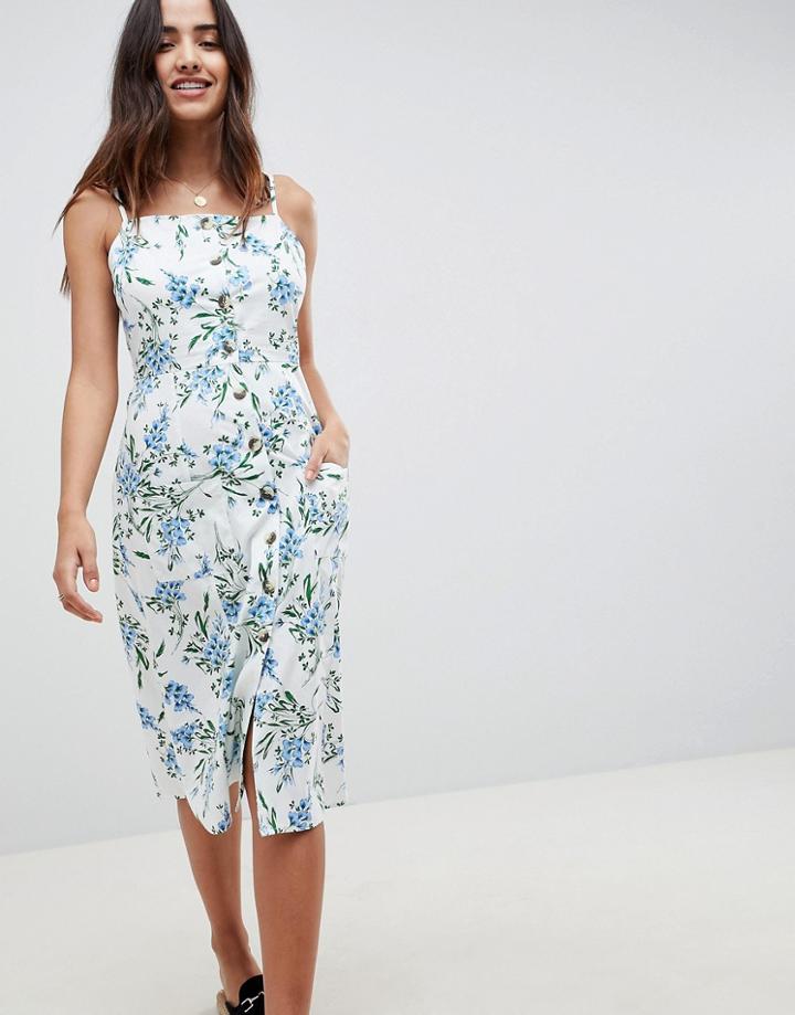 Asos Design Button Through Midi Sundress In Floral Print - Multi