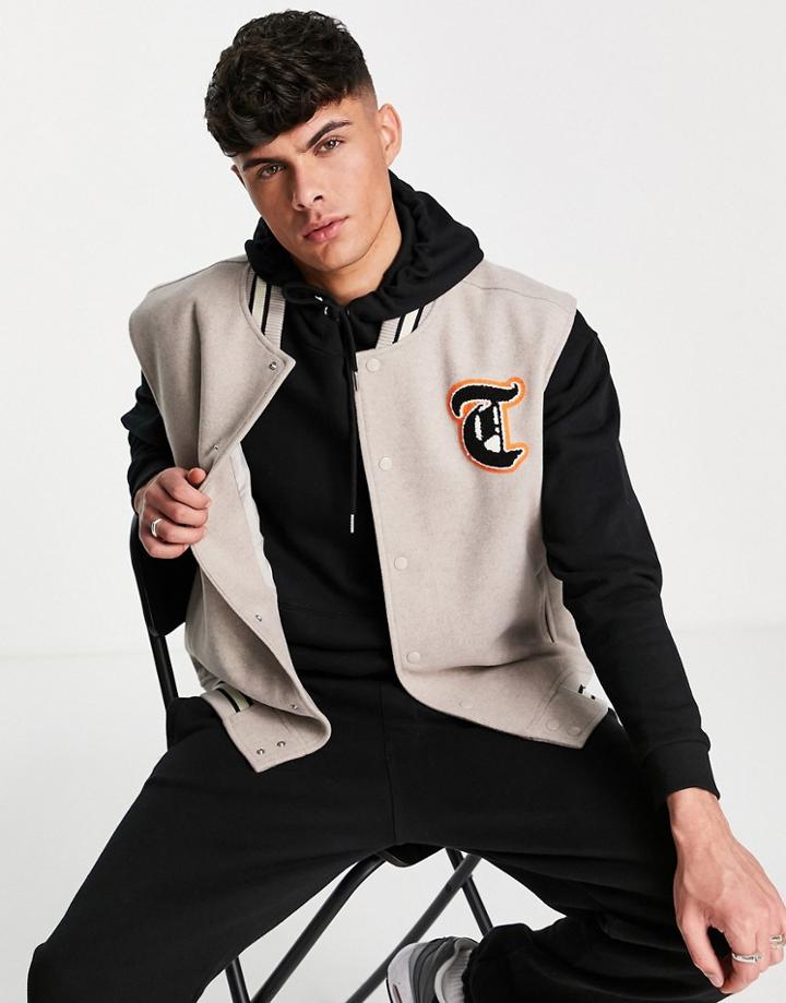 Topman Sleeveless Varsity Jacket With Patches In Stone-neutral