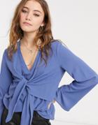In The Style X Jac Jossa Tie Front Smock Top In Blue