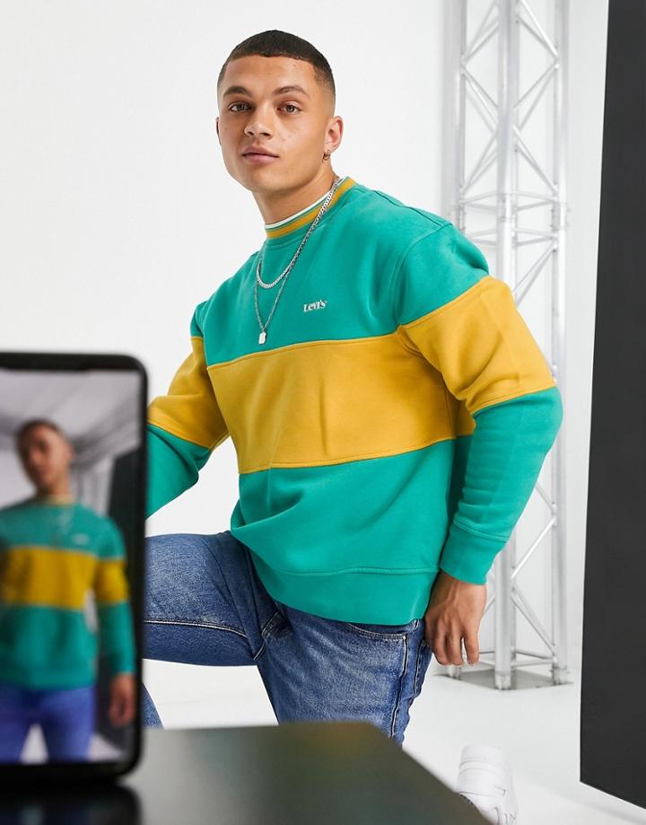 Levi's Logo Color Block Chest Stripe Tipped Sweatshirt In Green