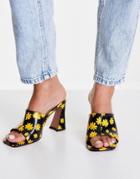 Asos Design Newbury Flared Block Heeled Mules In Daisy Print-black