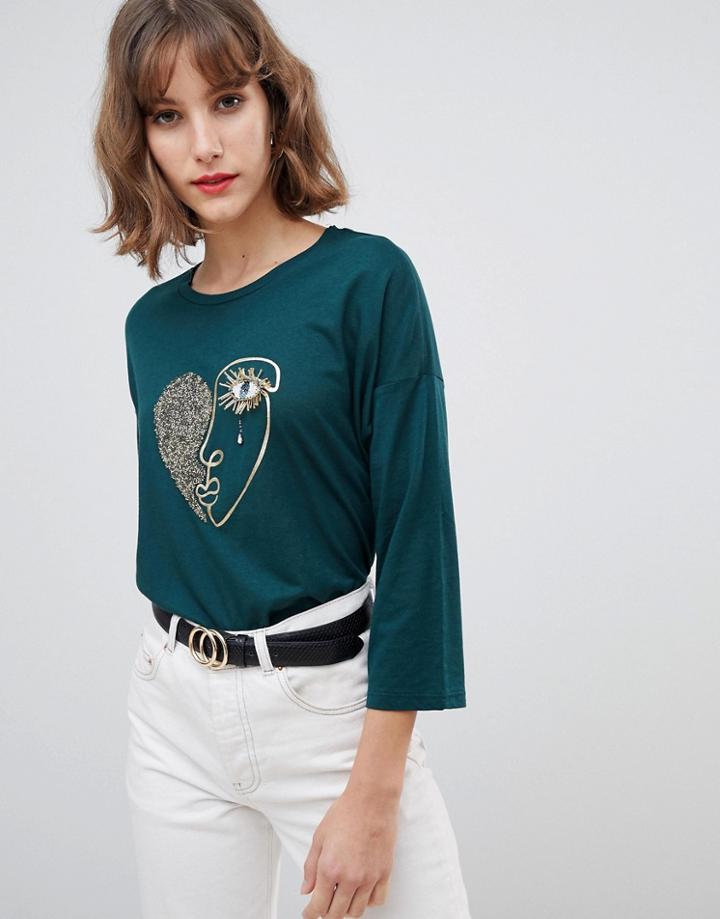 Stradivarius Face Print & Embellished 3/4 Sleeve Top - Green