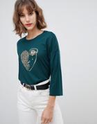 Stradivarius Face Print & Embellished 3/4 Sleeve Top - Green