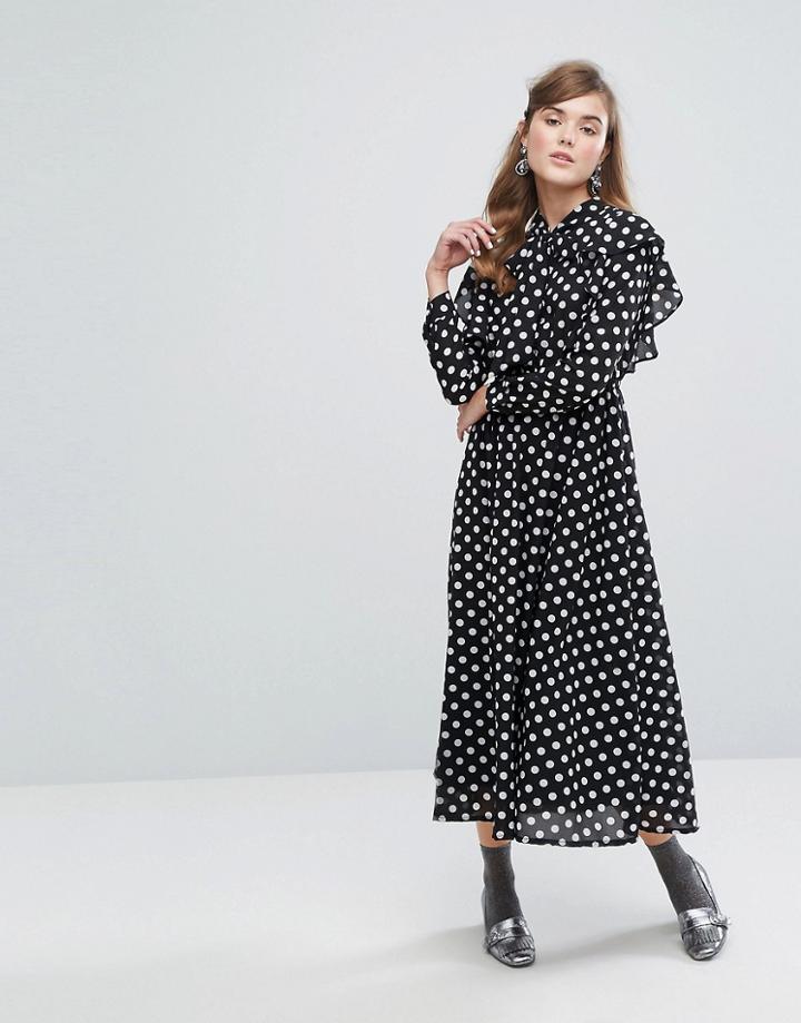 Sister Jane Midi Dress With Tie Up Bow In Polka Dot - Black