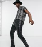 Asos Design Slim Fit Pants In Faux Leather With Contrast Stitch-black