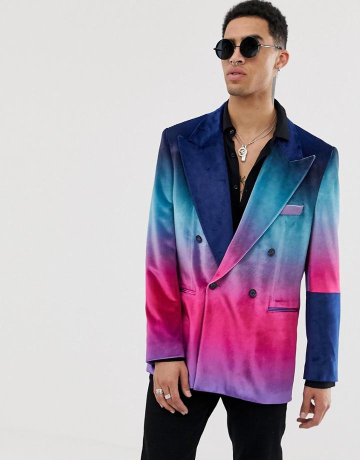 Asos Design Oversized Double Breasted Blazer With Velvet Ombre In Navy - Navy