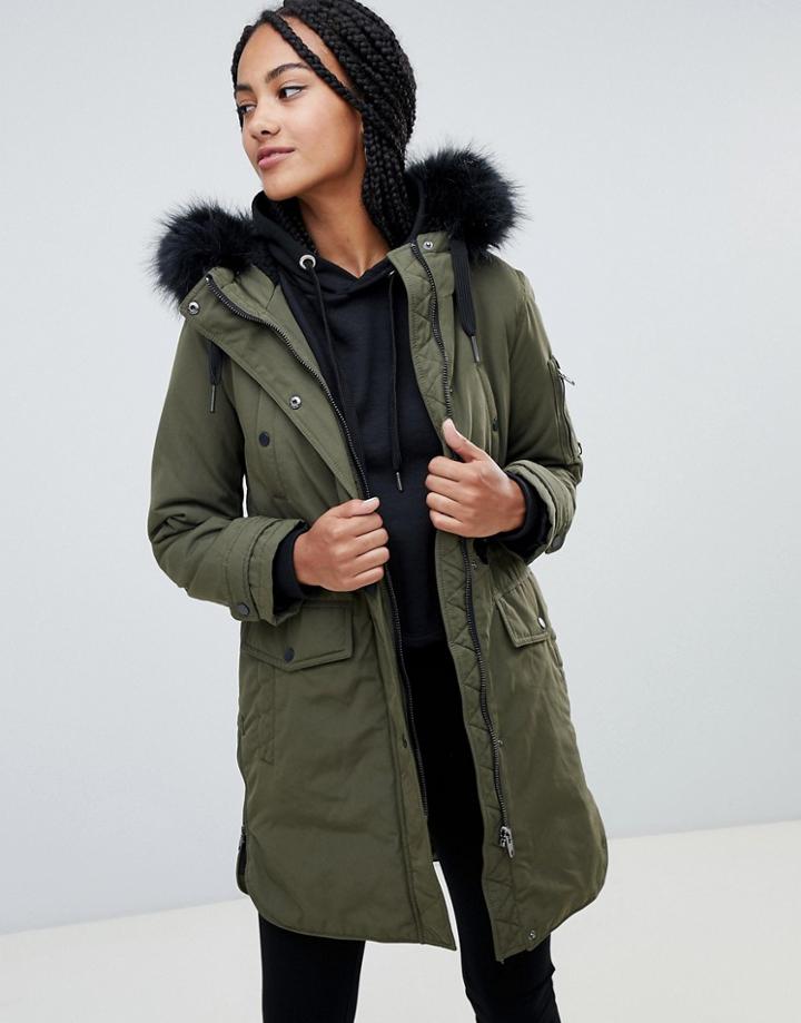 Esprit Faux Fur Hood Contrast Detail Parka - Green